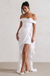 Cream Satin Bardot Maxi Dress With Detachable Skirt